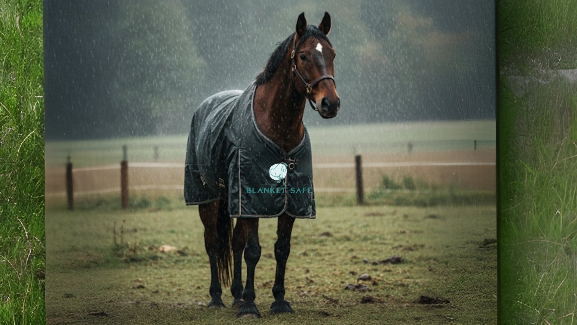 Blanket Safe Sponsored horse standing in the rain wearing a waterproof horse blanket, after using Blanket Safe detergent-free, waterproof safe horse blanket soaps and washes.